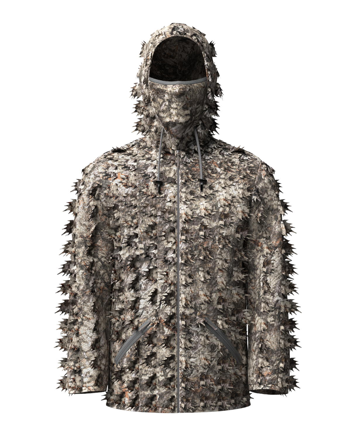 asio gear 3d leafy hooded ghillie jacket with built in facemask in raptor camo. 3d appearance offers the ultimate concealment with breathable mesh fabrics.