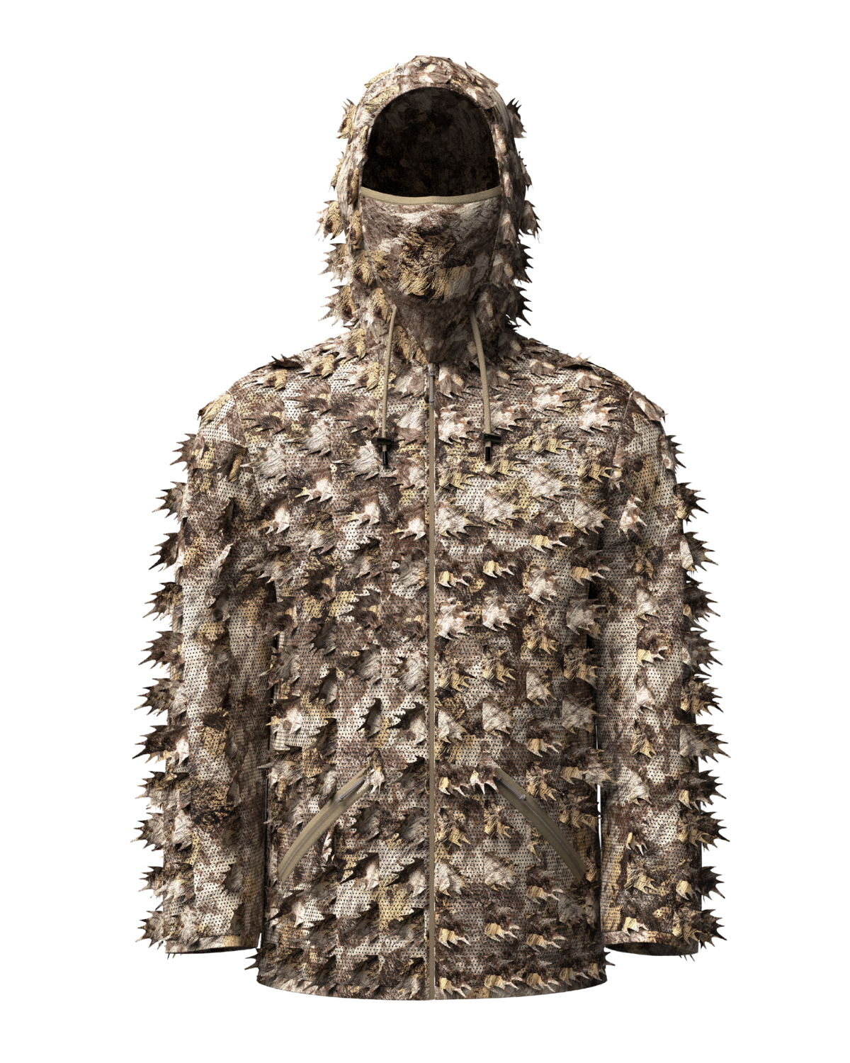 asio gear 3d leafy hooded ghillie jacket with built in facemask in rapx camo. 3d appearance offers the ultimate concealment with breathable mesh fabrics.