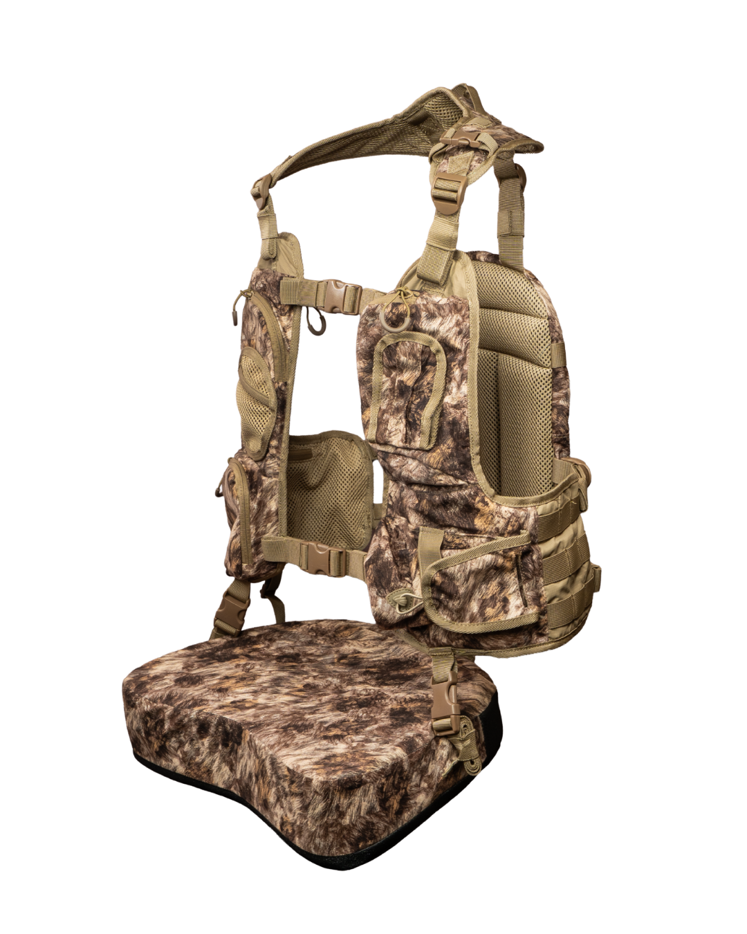 ASIO Gear Limited Edition Turkey Vest in RAPX camo – side profile showing compression straps and removable seat attachment