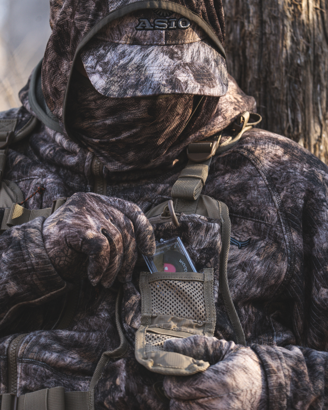 ASIO Gear RAPX camo turkey vest magnetic diaphragm call pocket with secure mesh storage