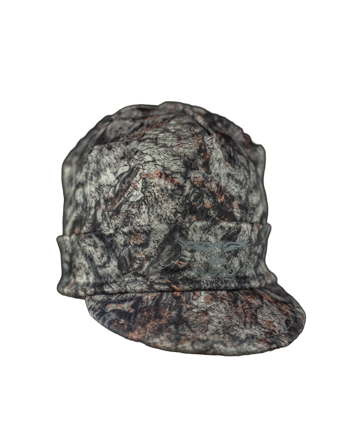 ASIO Gear billed beanie in RAPTOR camo fleece-lined bowhunting hat with built-in visor for treestand whitetail hunters, designed for warmth, stealth, and all-day comfort during cold weather deer season.