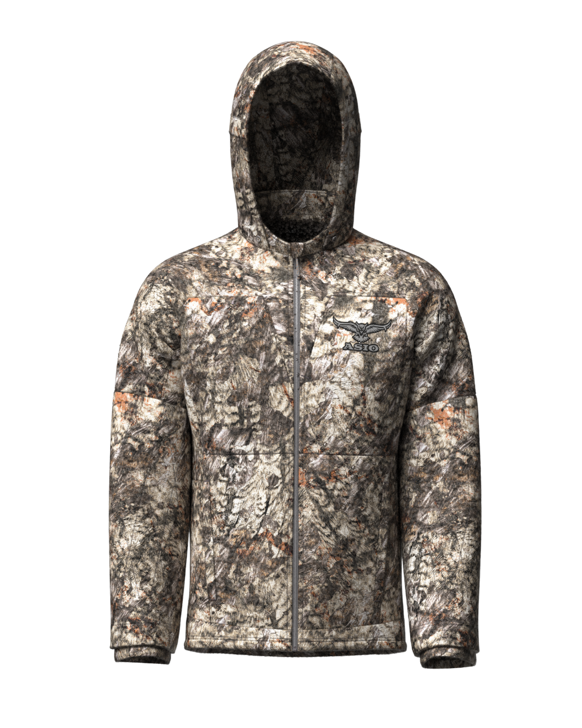 Heavyweight hooded hunting jacket in ASIO RAPTOR camo designed for cold weather and late-season bowhunting