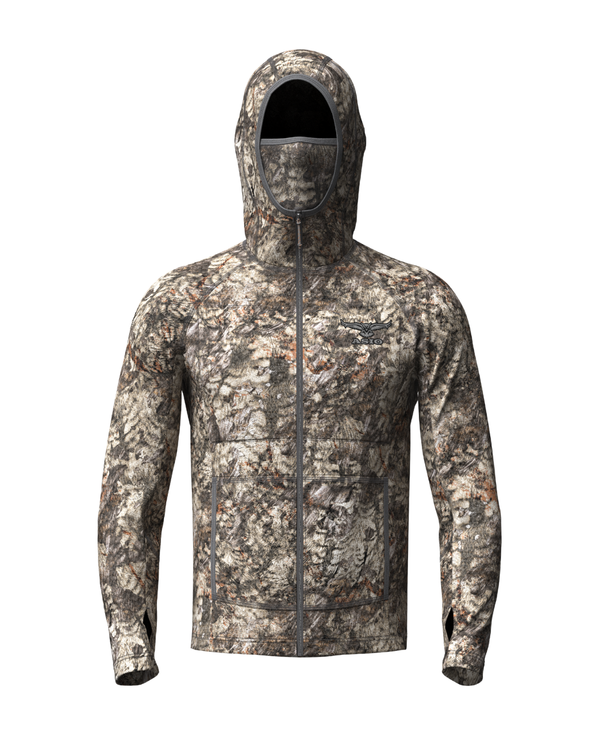 ASIO Gear hybrid hooded softshell jacket in RAPTOR camo with integrated face covering and zip front, built for mid-season bowhunting