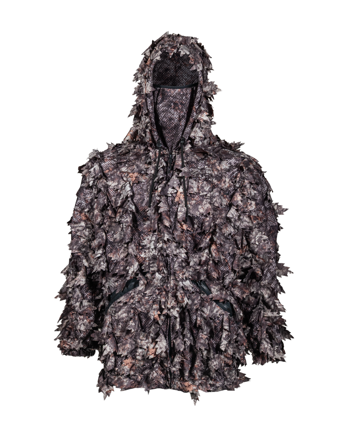 ASIO Gear leafy camouflage jacket front view in Raptor camo with hood and face mask for bowhunting concealment