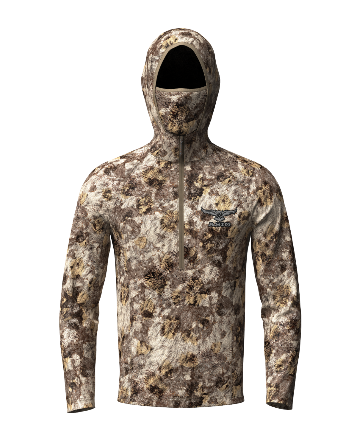 ASIO Gear lightweight hoodie in RAPX camo with face covering and articulated fit, built for ground or elevated early season ambush setups