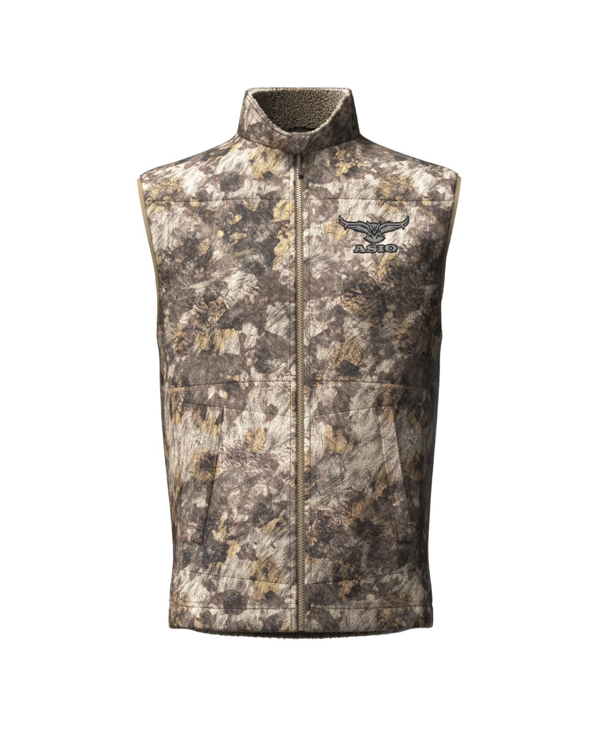 ASIO Gear midweight sherpa vest in RAPX camo engineered for ground-level concealment and treestand effectiveness, built for quiet warmth in mid-season bowhunting.