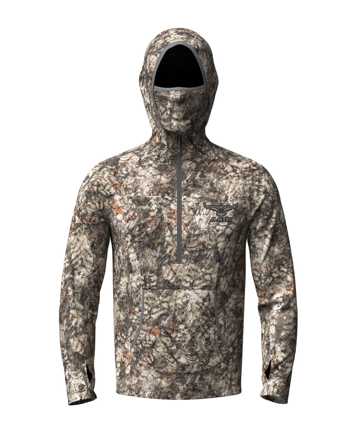 ASIO Gear Midweight Hoodie in Raptor Camo – front view, perfect for mid-season treestand hunts.
