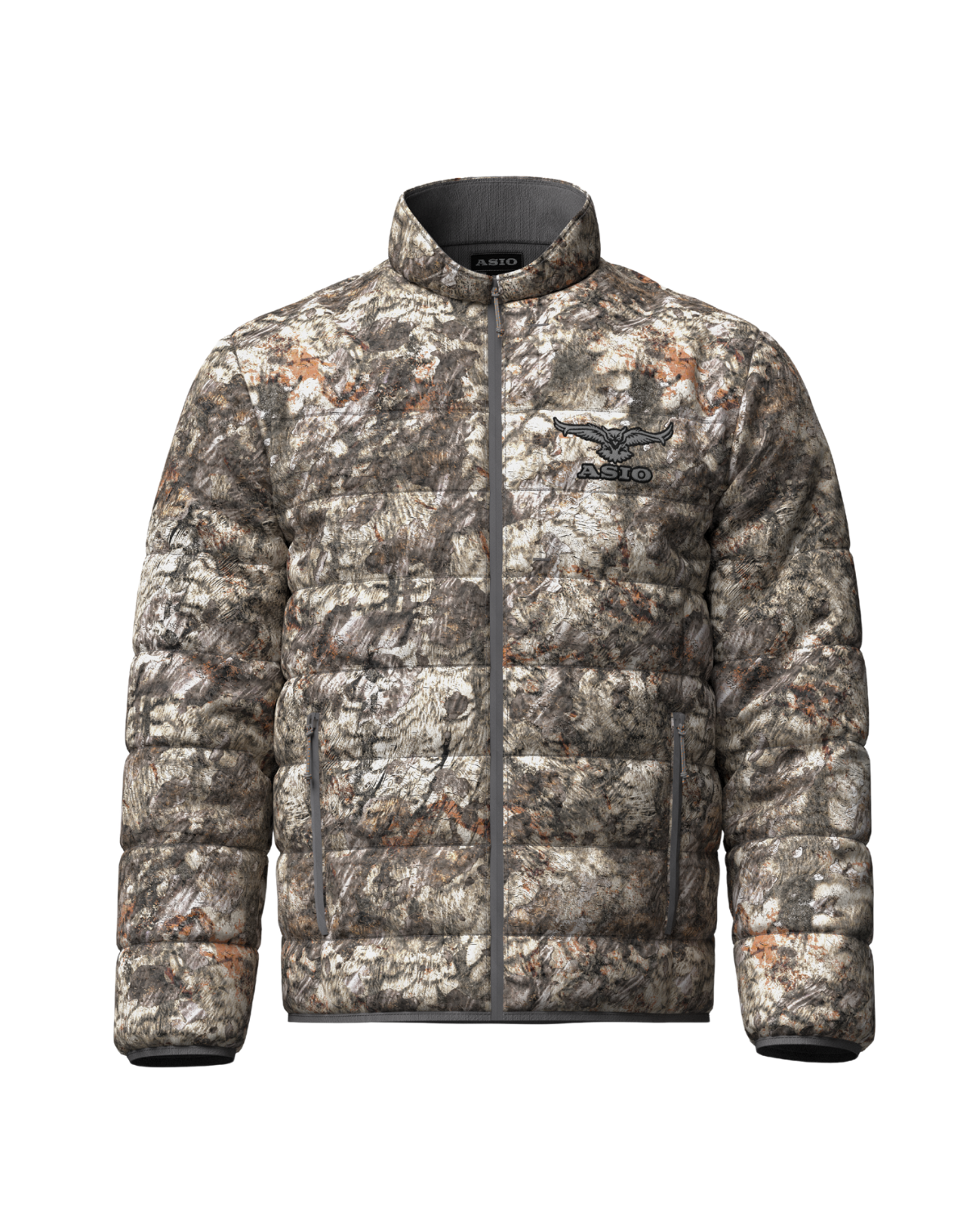 asio gear insanely quiet midweight puffy jacket in raptor camo for layering during whitetail bow hunts