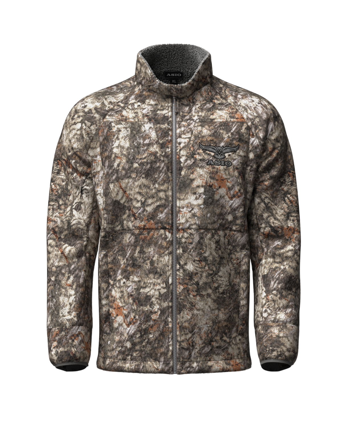 ASIO Gear Midweight Sherpa Jacket in Raptor camo pattern, ideal for treestand bowhunting during mid-season hunts—features high-pile fleece lining and full-zip construction for maximum warmth and mobility.