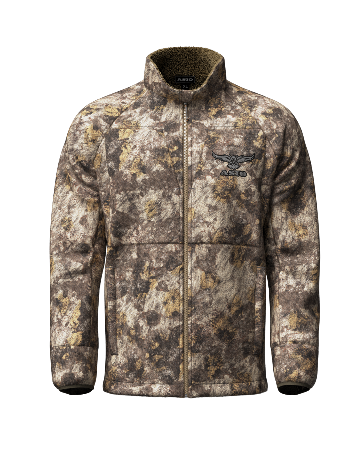 ASIO gear Midweight Sherpa Jacket in RAPX camo, built for ground or treestand bowhunting in cold conditions—ultra-quiet fleece construction with ergonomic zip-through collar for warmth and concealment.