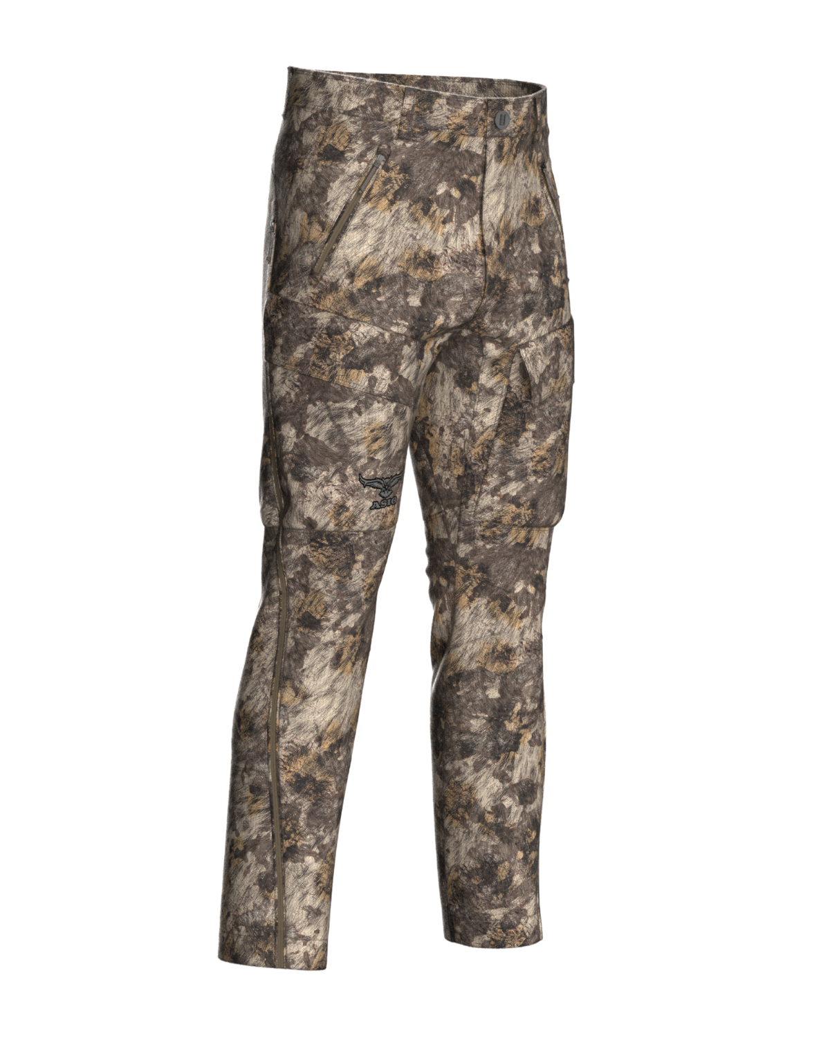 ASIO Gear Midweight Sherpa Pant in RAPX camo shown in a ground stalking bowhunting setup.