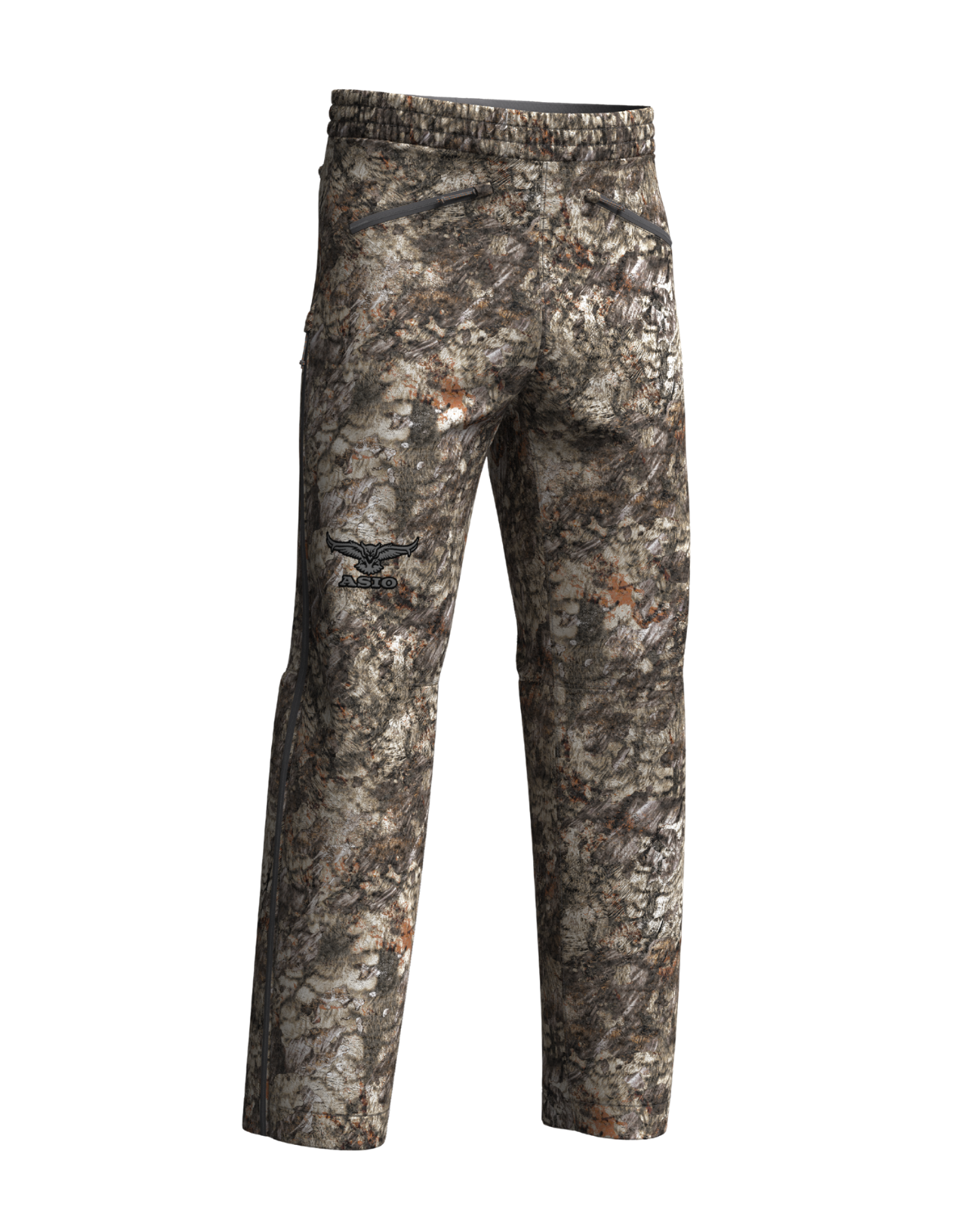 asio gear raptor camo waterproof rain pant for bowhunters hunting from a treestand. features a brushed outer fabric to dampen sound and full side zips for easy on/off.