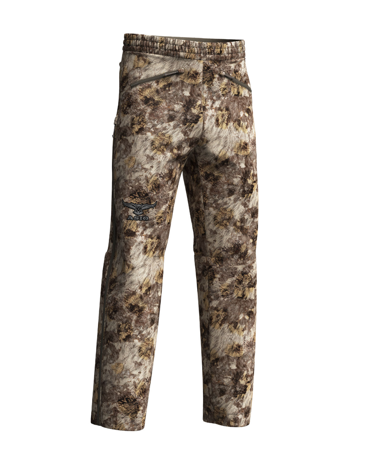 asio gear rapx camo waterproof rain pant for bowhunters hunting from a treestand. features a brushed outer fabric to dampen sound and full side zips for easy on/off.