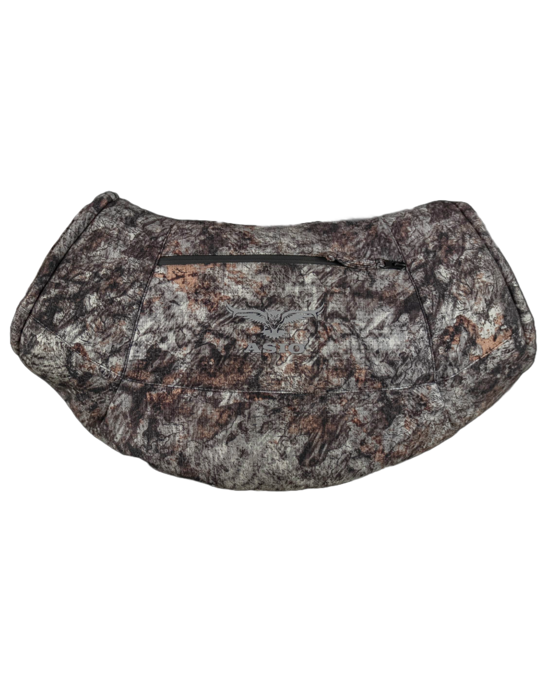 ASIO Gear fleece hand muff in RAPTOR camo – Primaloft insulated bowhunting handwarmer with silent exterior, zipper pocket, and adjustable fit, designed to keep hands warm and ready during cold weather treestand hunts.
