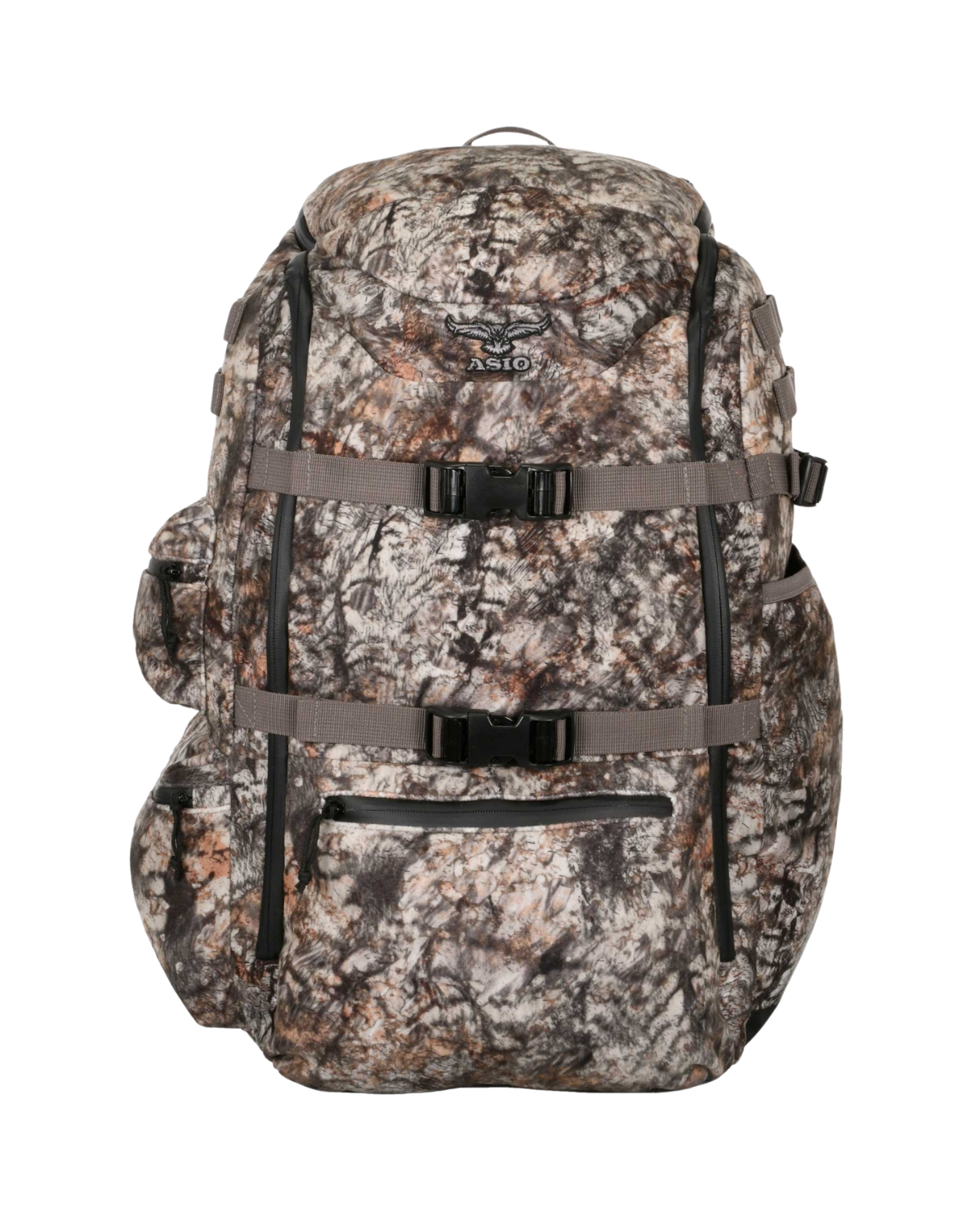 ASIO Gear Treestand Bowhunter Pack in Raptor camo— weather-resistant hunting backpack designed for bowhunters with strategic storage and strap system.