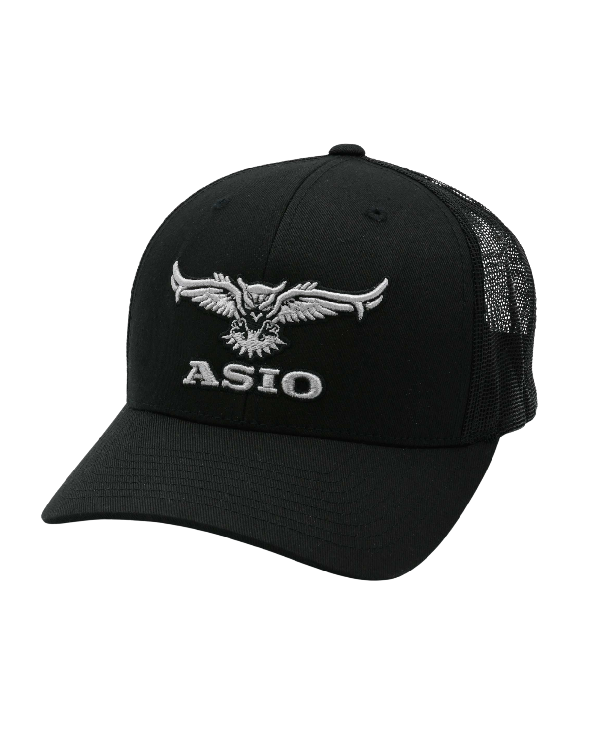 ASIO Gear black trucker hat with breathable mesh back and bold embroidered logo for everyday wear and post-hunt comfort
