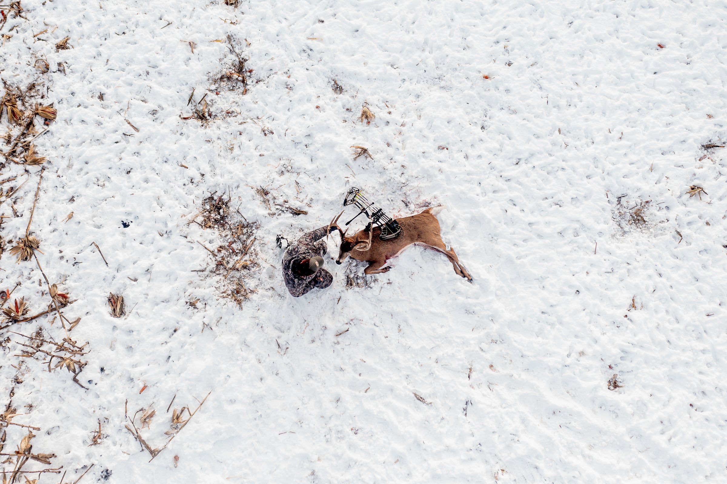 Bowhunter wearing ASIO Gear late-season camo kneeling beside harvested whitetail deer in snowy field