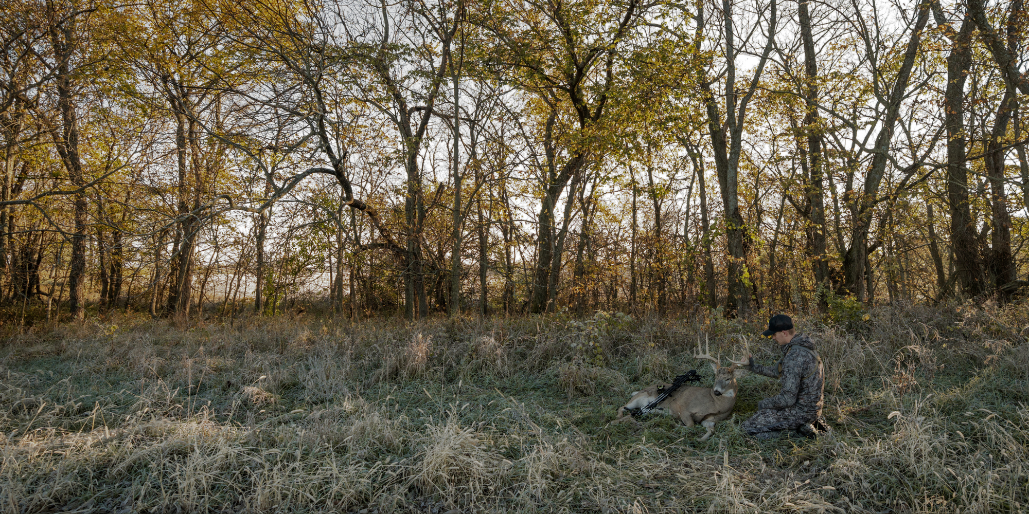Whitetail bowhunter wearing ASIO Gear camo kneeling beside a harvested buck in a frosty hardwood edge at sunrise, showcasing treestand-style concealment and elite whitetail hunting performance.