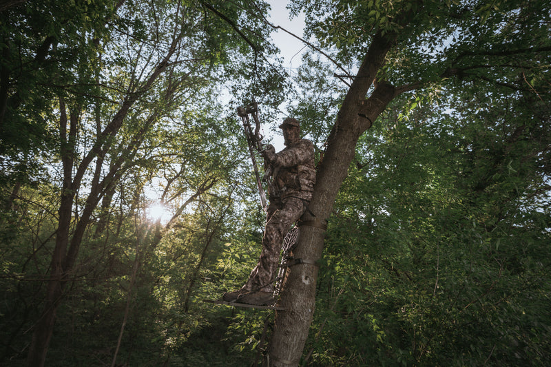 Bowhunter in RAPX camo gear standing in a treestand at sunrise, fully concealed in dense green timber—ideal for desktop header banner.